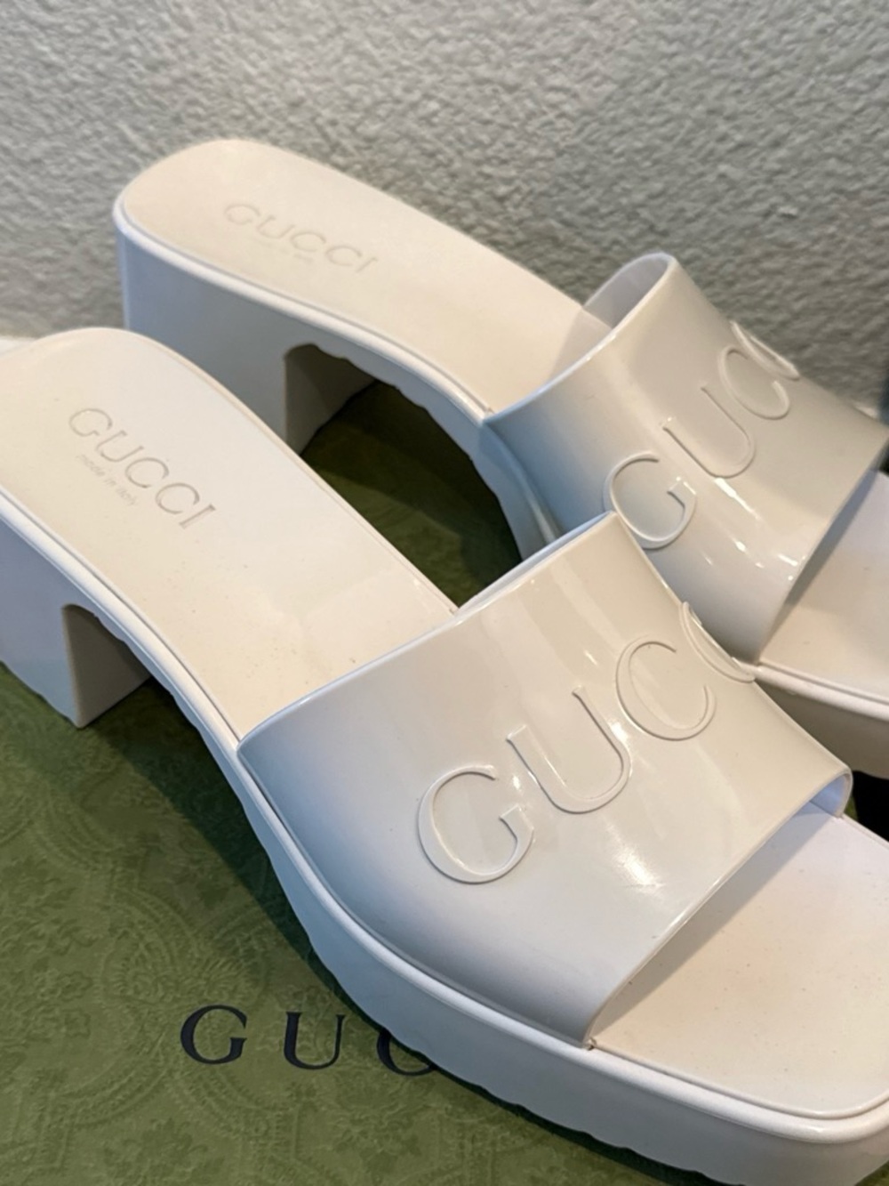 Gucci White Patent Platform Slide Mules